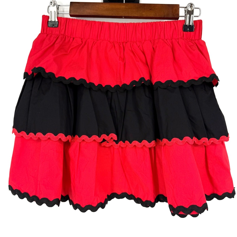 Peach Love California Medium Skirt Red Black Tiered Ruffle Ric Rac Trim Game Day